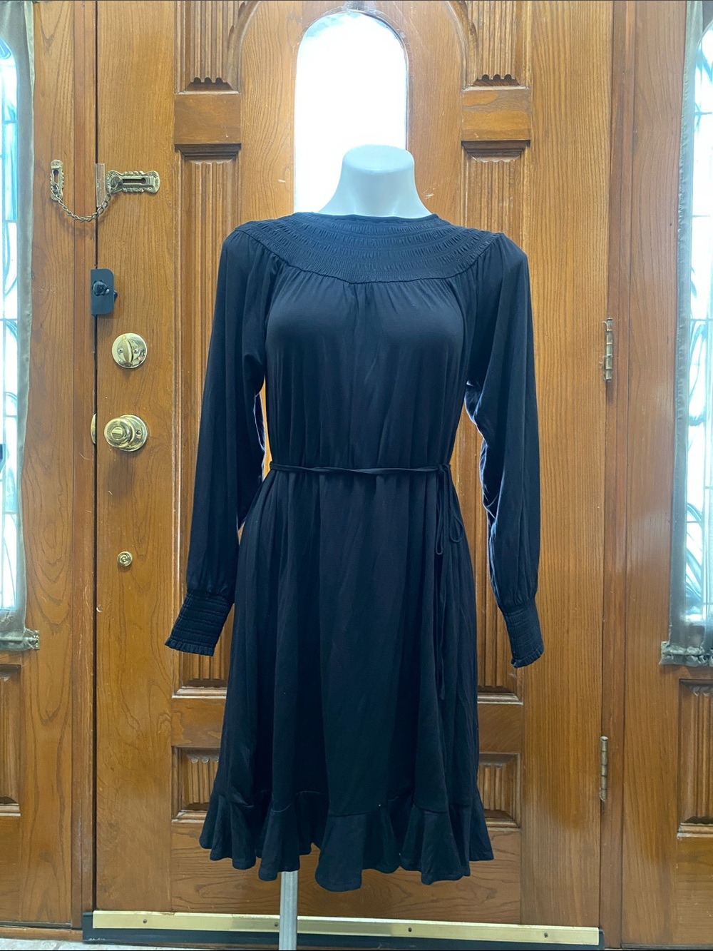 LOFT Black Long-Sleeve Smocked Yoke Ruffle Dress